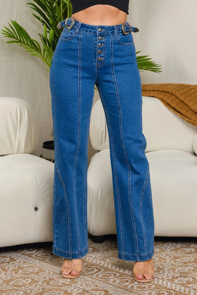 Bahar Buttons Straight Jeans with Belt On the Waist