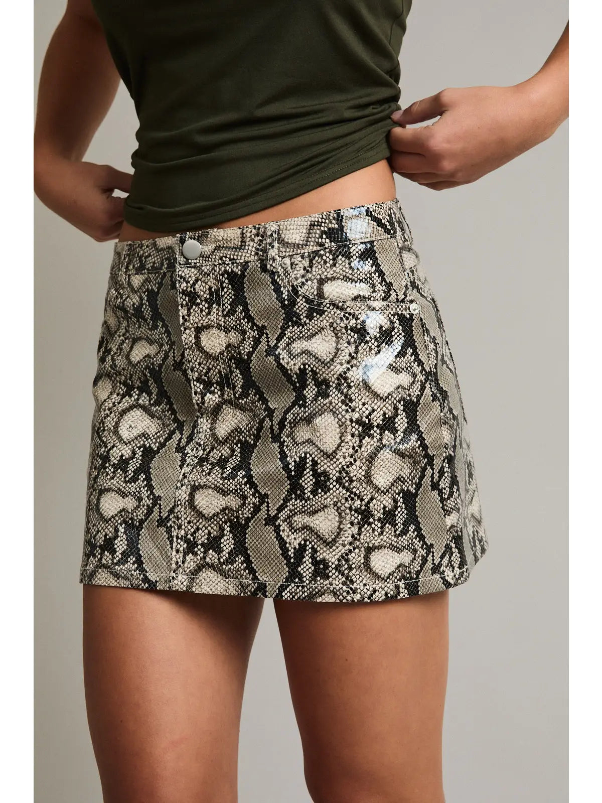 Mid-Rise Snake Effect Mini Skirt