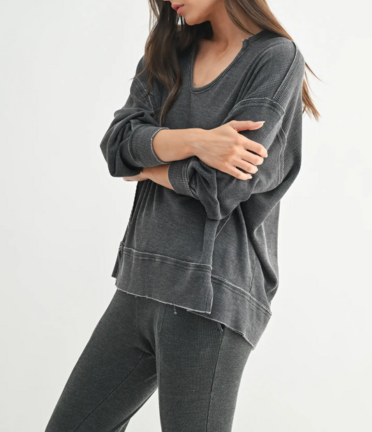 Cotton Blend Waffle Knit Oversized Long Sleeve