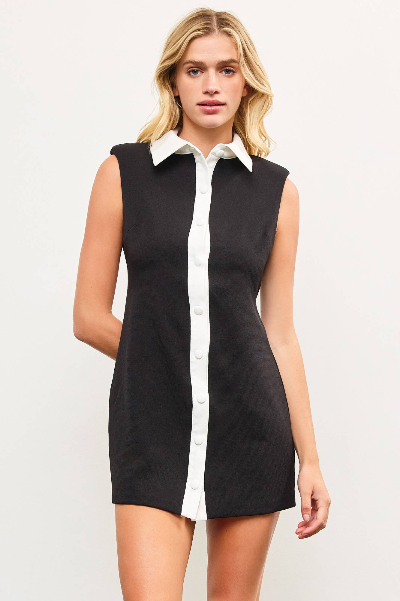 BUTTON DOWN FRONT SLEEVELESS SHOULDER PAD SHIRT DRESS
