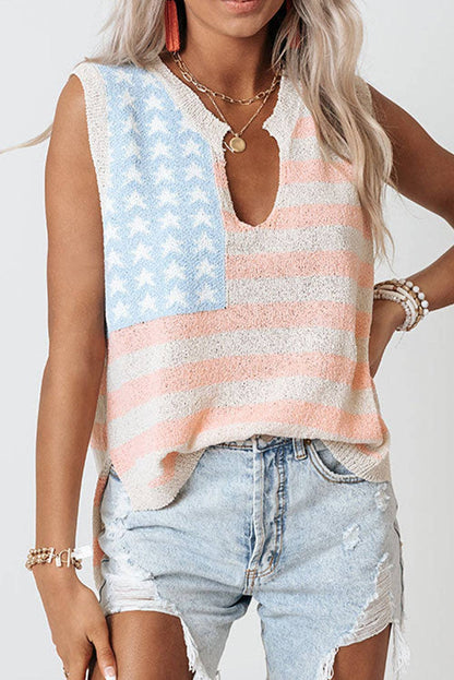 Beige USA Flag Notched Neckline Loose Sweater Vest