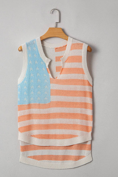 Beige USA Flag Notched Neckline Loose Sweater Vest