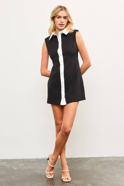 BUTTON DOWN FRONT SLEEVELESS SHOULDER PAD SHIRT DRESS