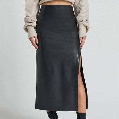 High Waist PU Leather Midi Skirt With Side Slit
