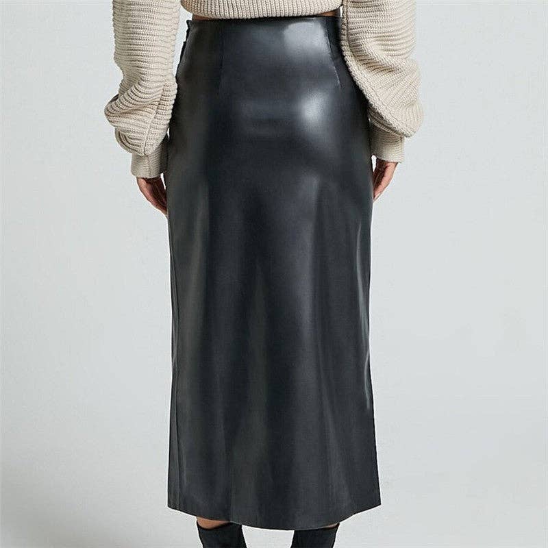 High Waist PU Leather Midi Skirt With Side Slit