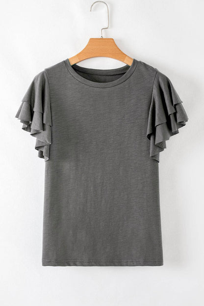 Dark Grey Layered Ruffle Short Sleeve Round Neck Top