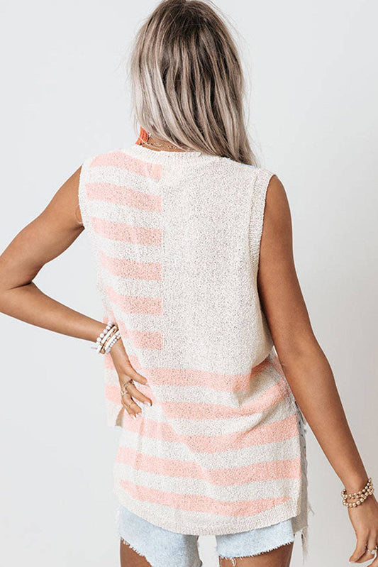 Beige USA Flag Notched Neckline Loose Sweater Vest