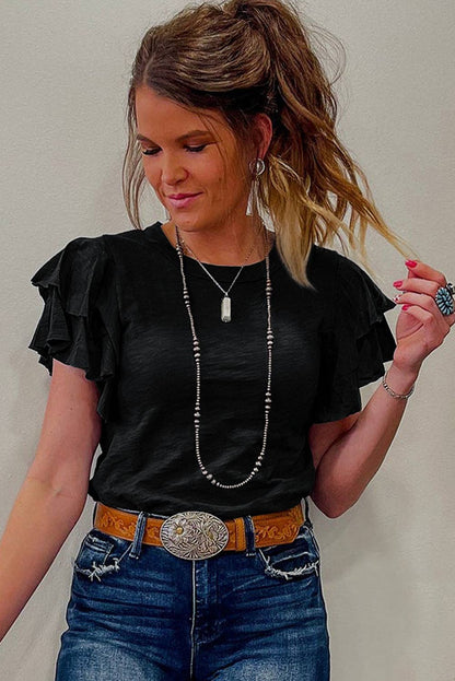 Dark Grey Layered Ruffle Short Sleeve Round Neck Top