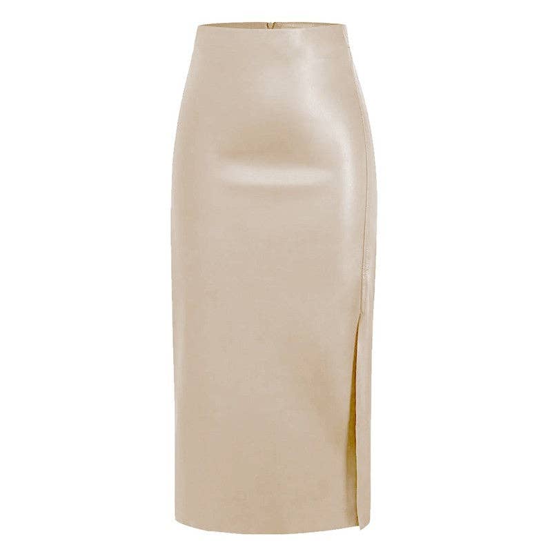High Waist PU Leather Midi Skirt With Side Slit