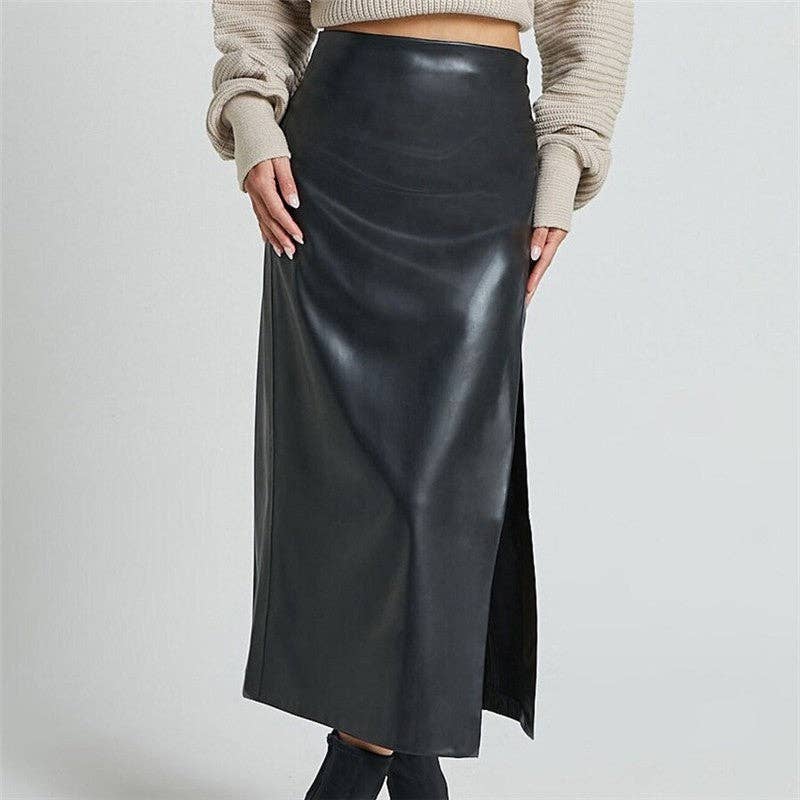 High Waist PU Leather Midi Skirt With Side Slit