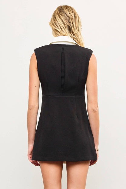 BUTTON DOWN FRONT SLEEVELESS SHOULDER PAD SHIRT DRESS