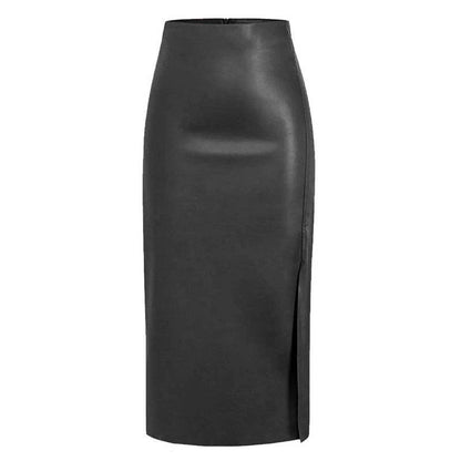 High Waist PU Leather Midi Skirt With Side Slit