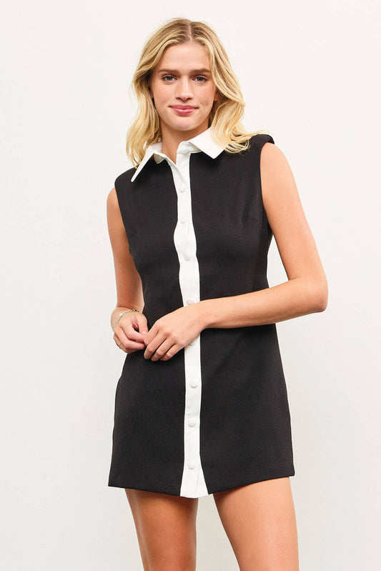 BUTTON DOWN FRONT SLEEVELESS SHOULDER PAD SHIRT DRESS