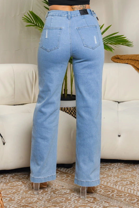 Bahar Buttons Straight Jeans with Belt On the Waist