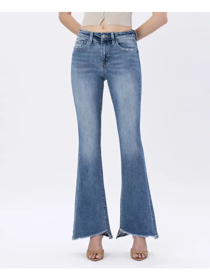 Bella High Rise Slant Cut Hem Flare Jeans