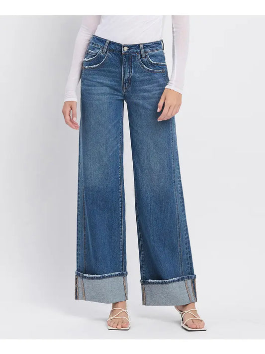Kris High Rise Cuffed Panel Baggy Wide Jeans