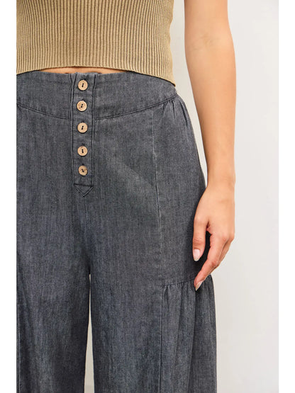 Button Front Tiered Wide Pants