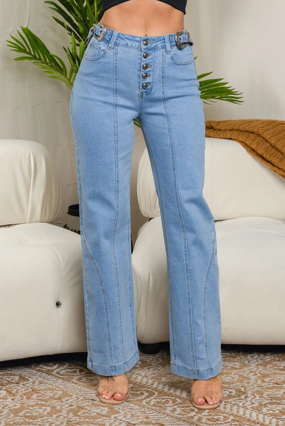Bahar Buttons Straight Jeans with Belt On the Waist