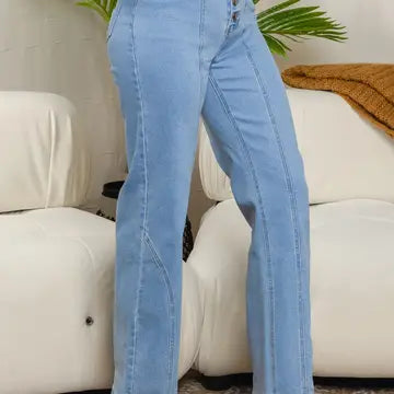 Bahar Buttons Straight Jeans with Belt On the Waist