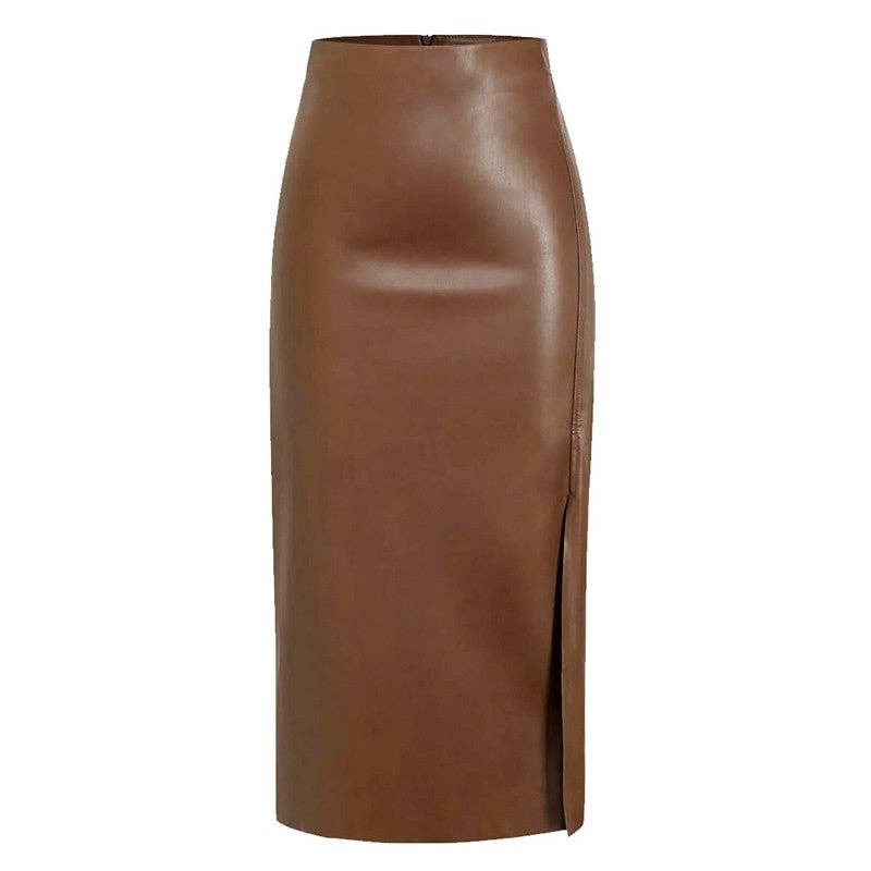 High Waist PU Leather Midi Skirt With Side Slit
