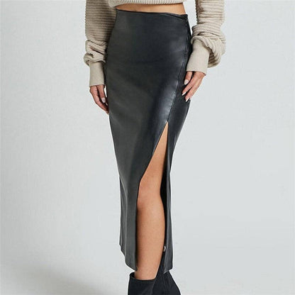 High Waist PU Leather Midi Skirt With Side Slit