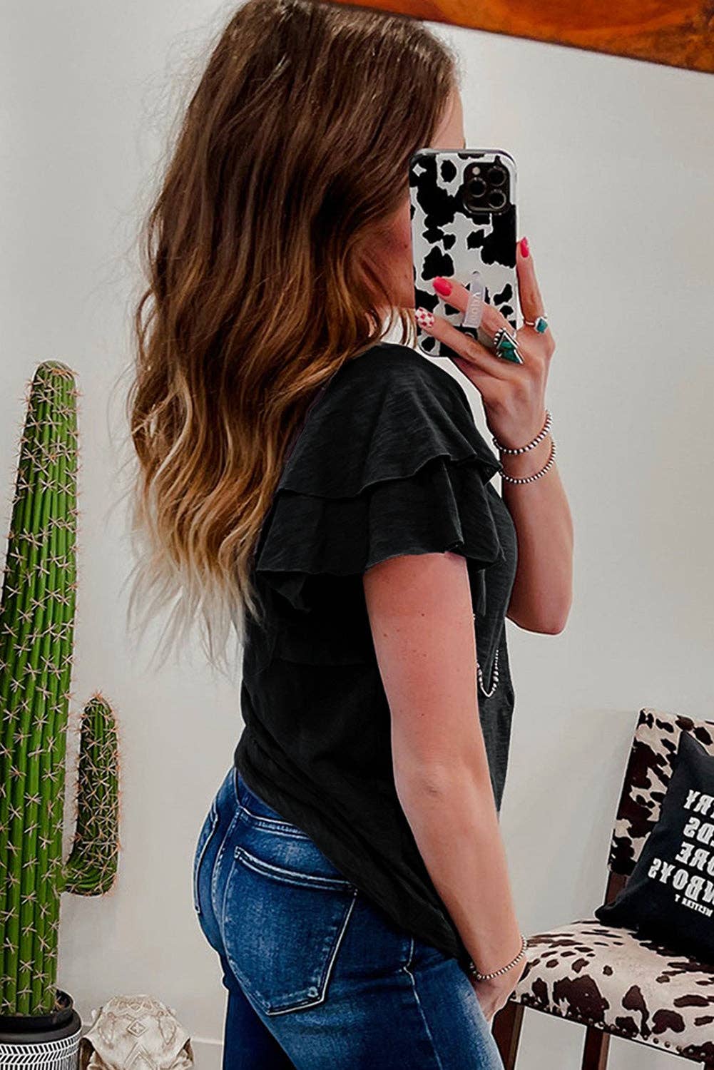 Dark Grey Layered Ruffle Short Sleeve Round Neck Top