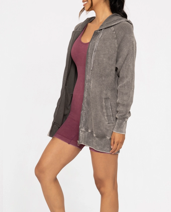 Oversized Mineral-Washed Zip-Up Hooded Jacket