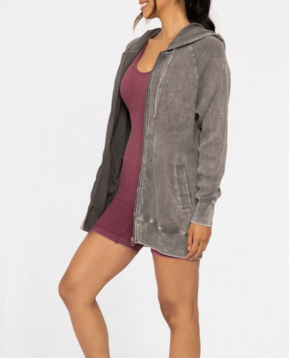 Oversized Mineral-Washed Zip-Up Hooded Jacket