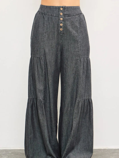 Button Front Tiered Wide Pants