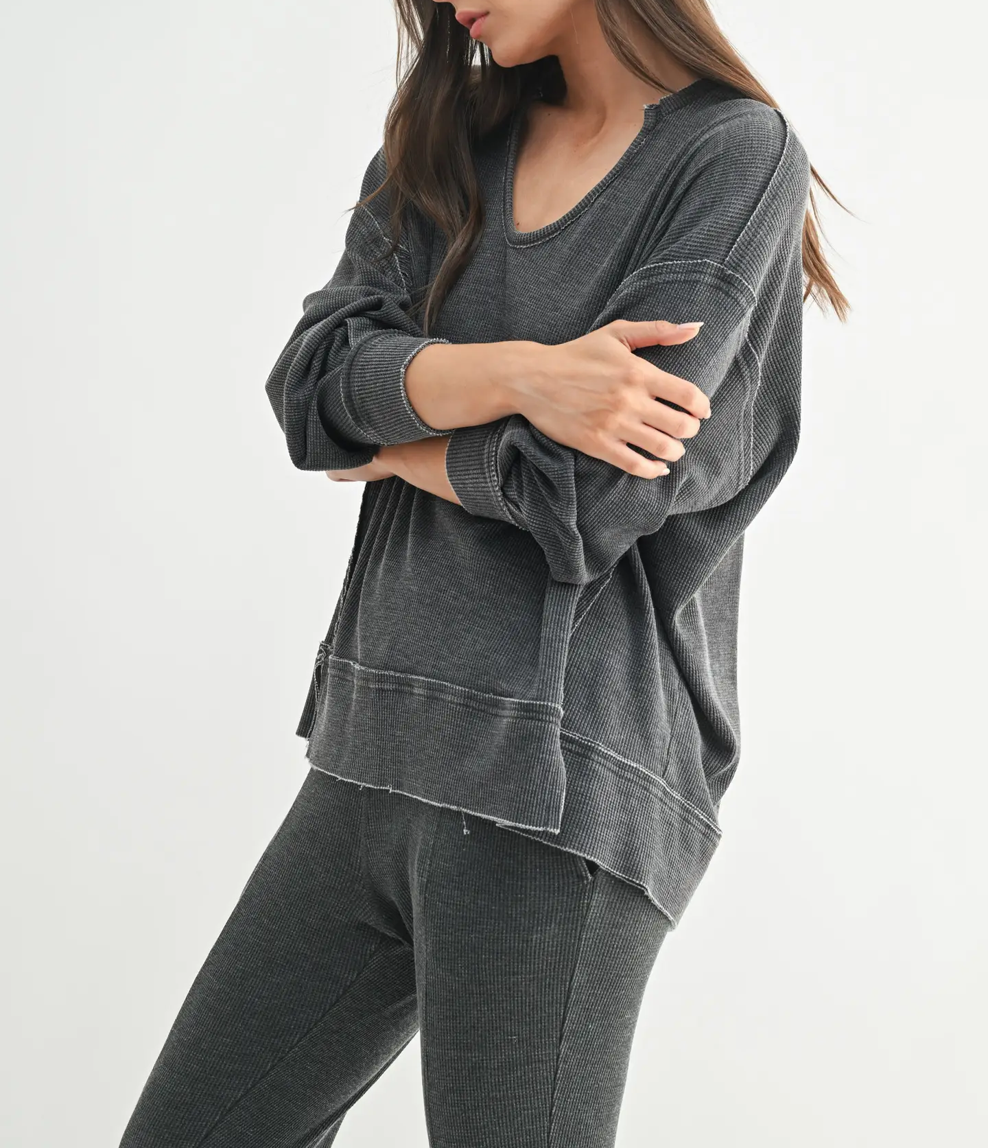 Cotton Blend Waffle Knit Oversized Long Sleeve