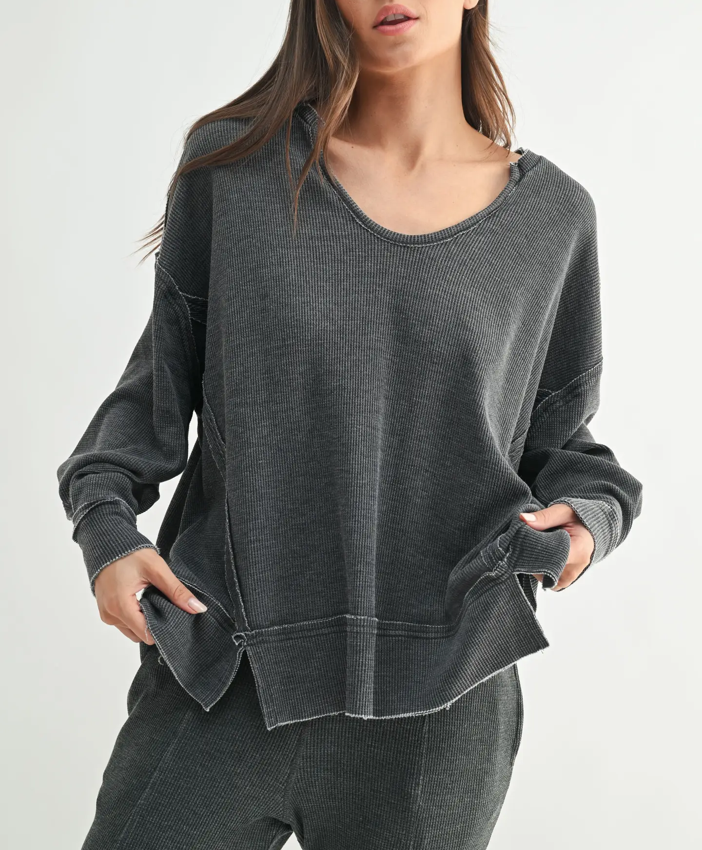Cotton Blend Waffle Knit Oversized Long Sleeve